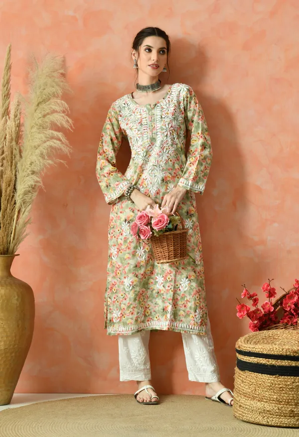 Hand-Embroidered_Chikankari_Mulmul_Straight_Kurta_�_Green_Floral