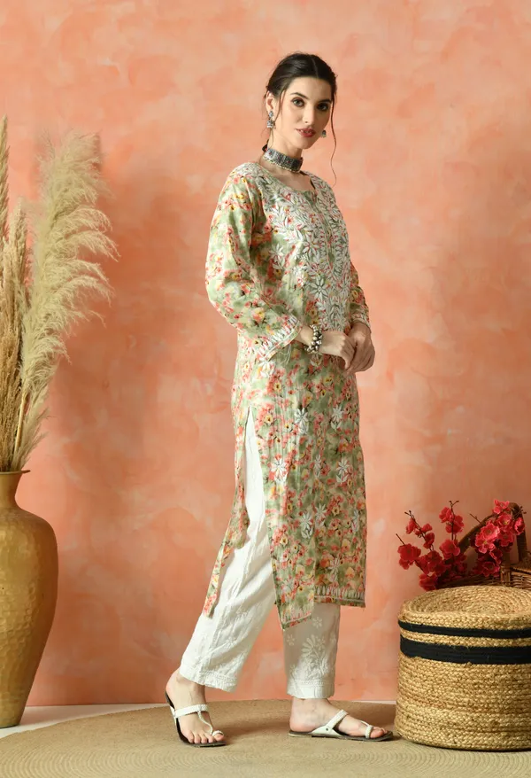 Hand-Embroidered_Chikankari_Mulmul_Straight_Kurta_�_Green_Floral