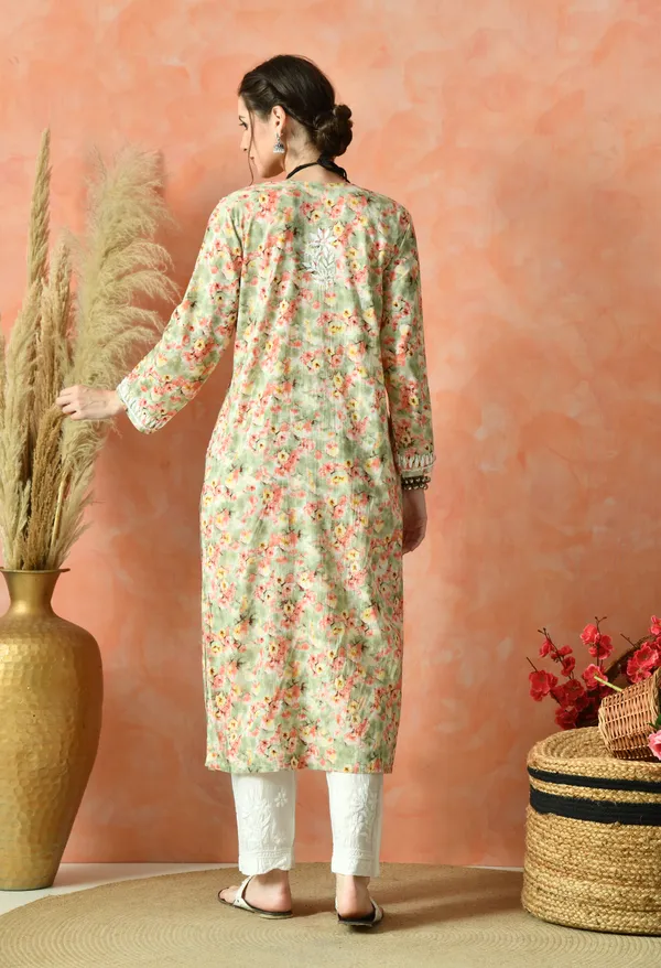 Hand-Embroidered_Chikankari_Mulmul_Straight_Kurta_�_Green_Floral
