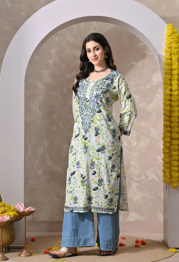Syrish_Teal_Floral_Hand_Embroidered_Chikankari_Cotton_Kurta