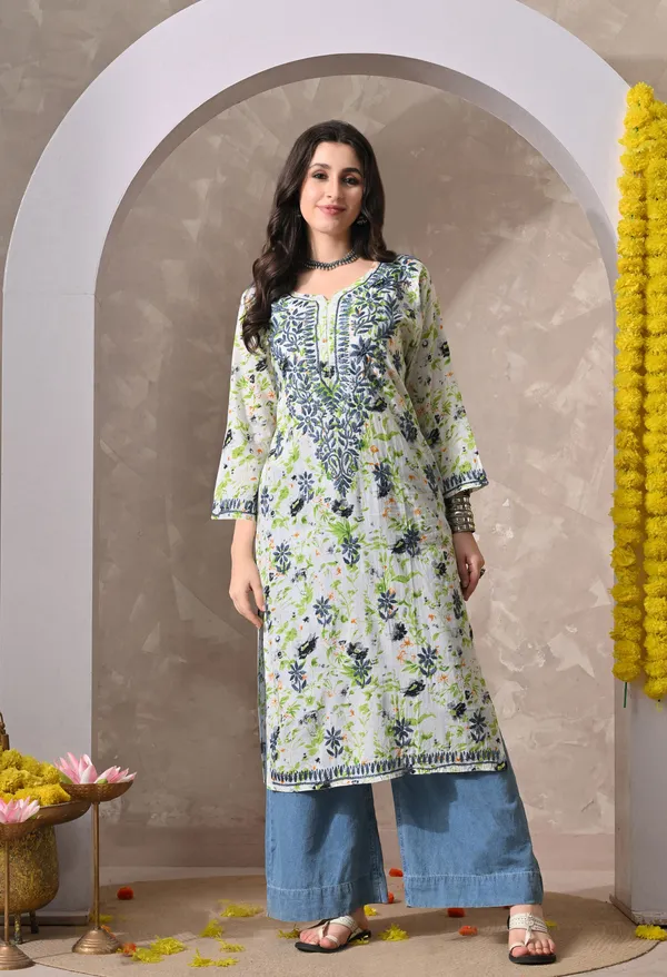 Syrish_Teal_Floral_Hand_Embroidered_Chikankari_Cotton_Kurta