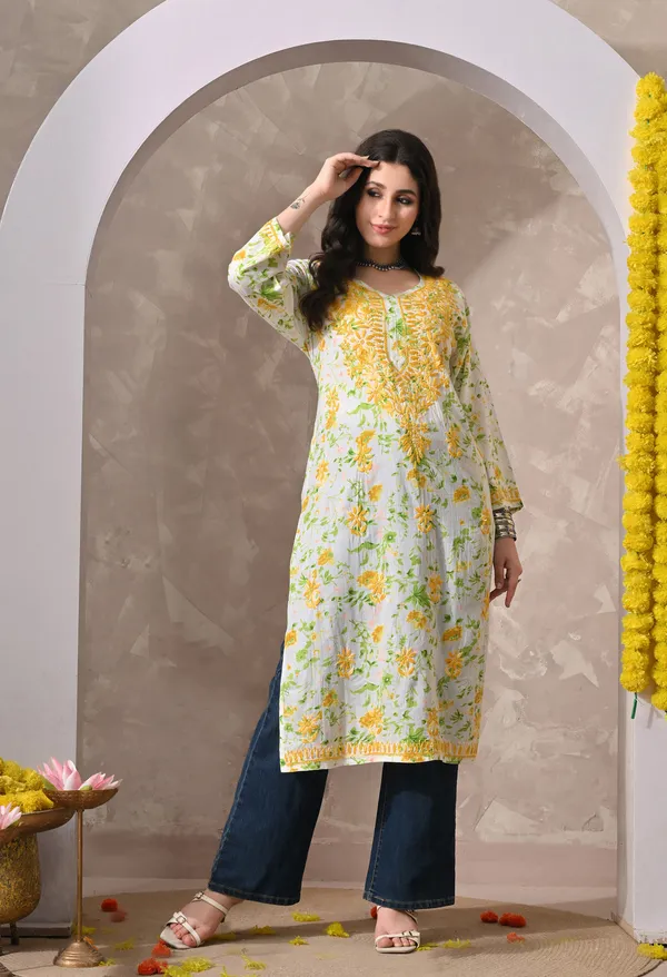 Syrish_Yellow_Floral_Hand_Embroidered_Chikankari_Cotton_Kurta