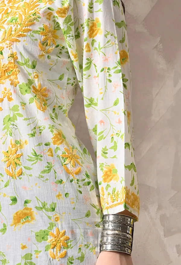 Syrish_Yellow_Floral_Hand_Embroidered_Chikankari_Cotton_Kurta