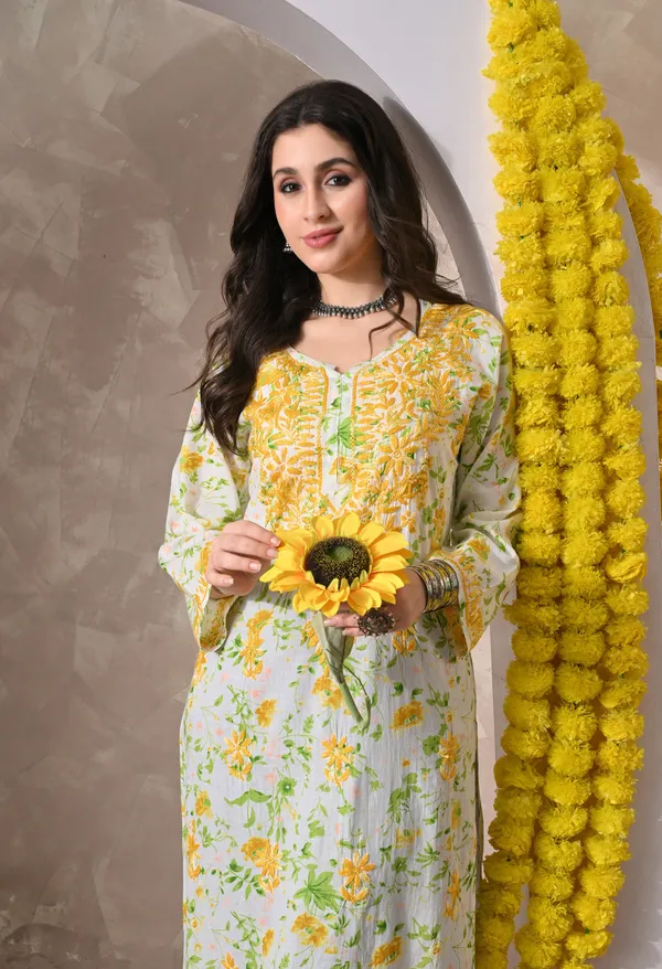 Syrish_Yellow_Floral_Hand_Embroidered_Chikankari_Cotton_Kurta