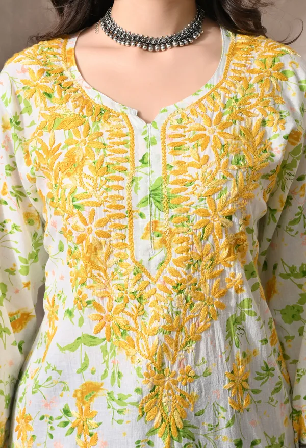 Syrish_Yellow_Floral_Hand_Embroidered_Chikankari_Cotton_Kurta