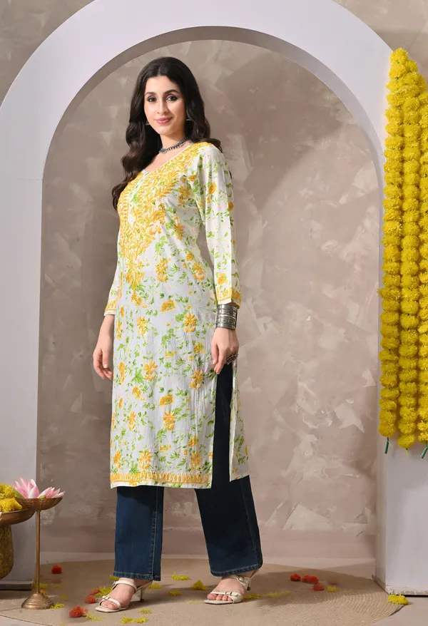 Syrish_Yellow_Floral_Hand_Embroidered_Chikankari_Cotton_Kurta