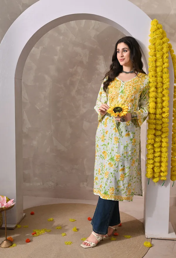 Syrish_Yellow_Floral_Hand_Embroidered_Chikankari_Cotton_Kurta