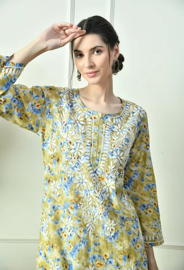 Mustard_Yellow_&_Blue_Mulmul_Hand-Embroidered_Chikankari_Kurta