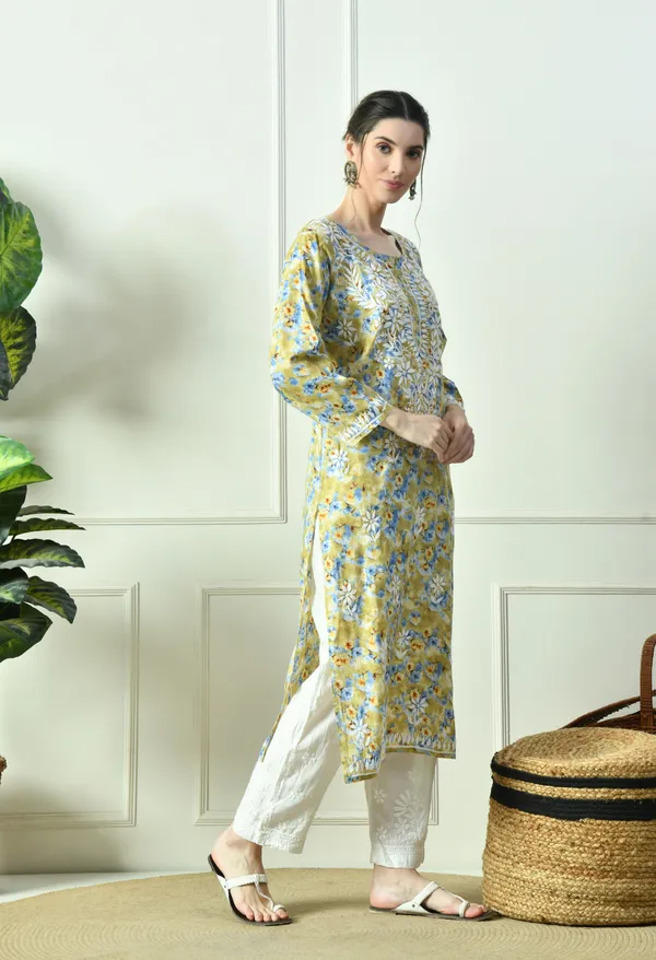 Mustard_Yellow_&_Blue_Mulmul_Hand-Embroidered_Chikankari_Kurta
