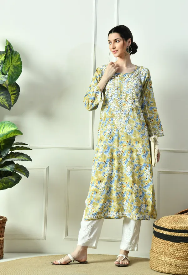 Mustard_Yellow_&_Blue_Mulmul_Hand-Embroidered_Chikankari_Kurta