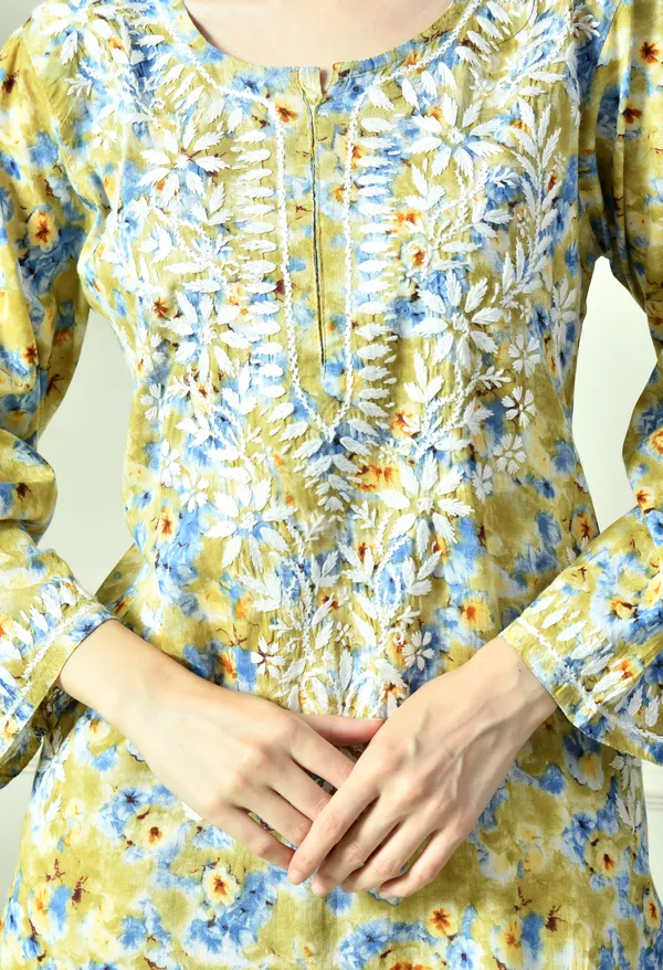 Mustard_Yellow_&_Blue_Mulmul_Hand-Embroidered_Chikankari_Kurta