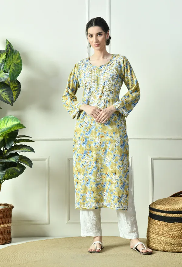 Mustard_Yellow_&_Blue_Mulmul_Hand-Embroidered_Chikankari_Kurta