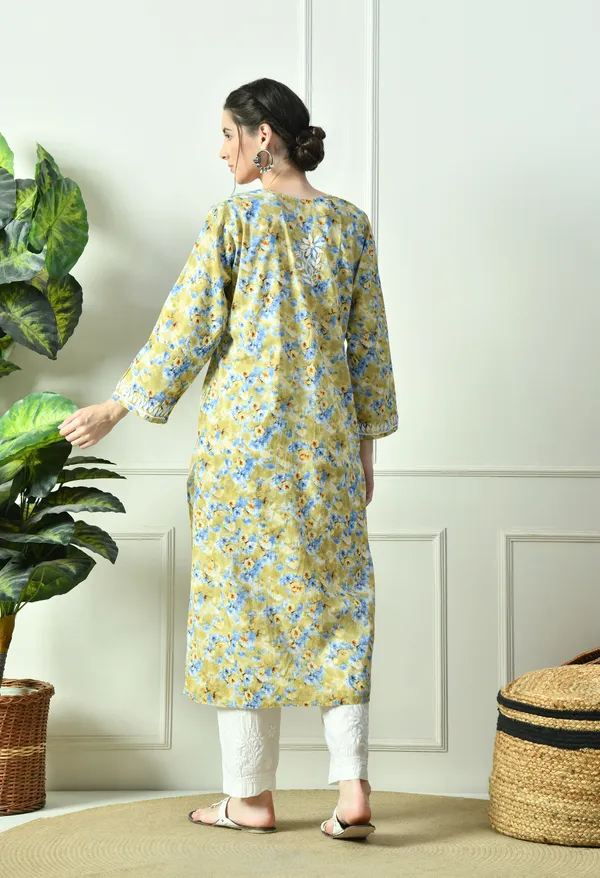 Mustard_Yellow_&_Blue_Mulmul_Hand-Embroidered_Chikankari_Kurta