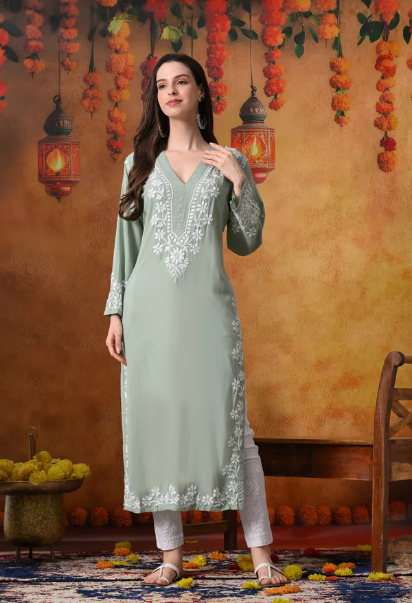 Hand-Embroidered_Chikankari_V_Neck_Rayon_Straight_Kurta_�_Green