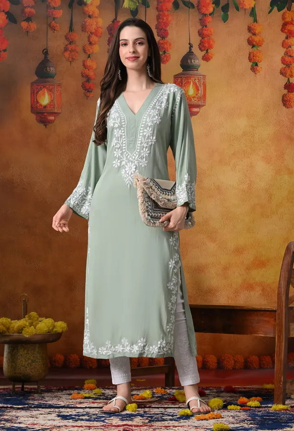 Hand-Embroidered_Chikankari_V_Neck_Rayon_Straight_Kurta_�_Green