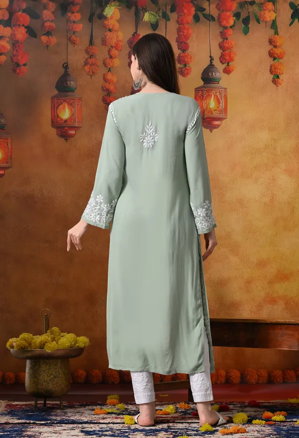 Hand-Embroidered_Chikankari_V_Neck_Rayon_Straight_Kurta_�_Green