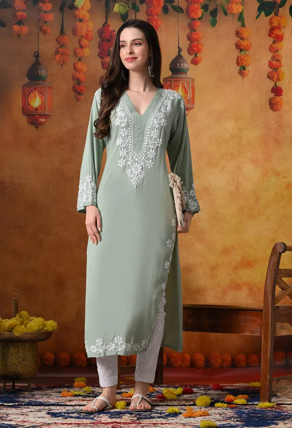 Hand-Embroidered_Chikankari_V_Neck_Rayon_Straight_Kurta_�_Green
