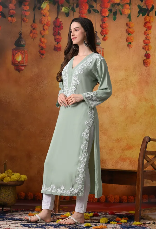 Hand-Embroidered_Chikankari_V_Neck_Rayon_Straight_Kurta_�_Green