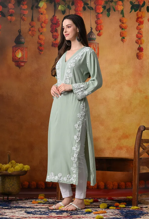 Hand-Embroidered_Chikankari_V_Neck_Rayon_Straight_Kurta_�_Green
