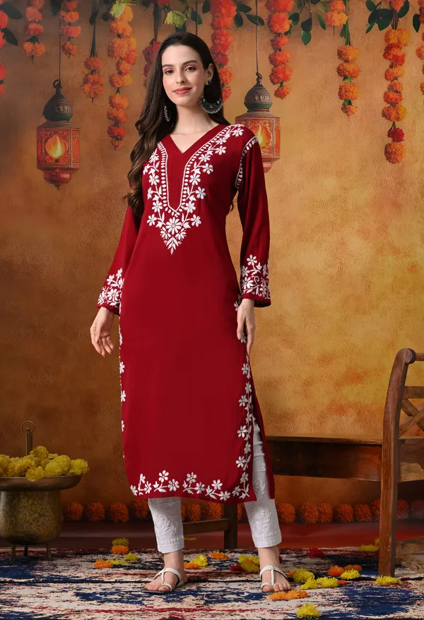 Hand-Embroidered_Chikankari_V_Neck_Rayon_Straight_Kurta_�_Maroon