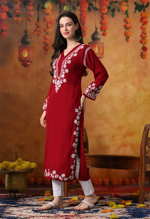 Hand-Embroidered_Chikankari_V_Neck_Rayon_Straight_Kurta_�_Maroon