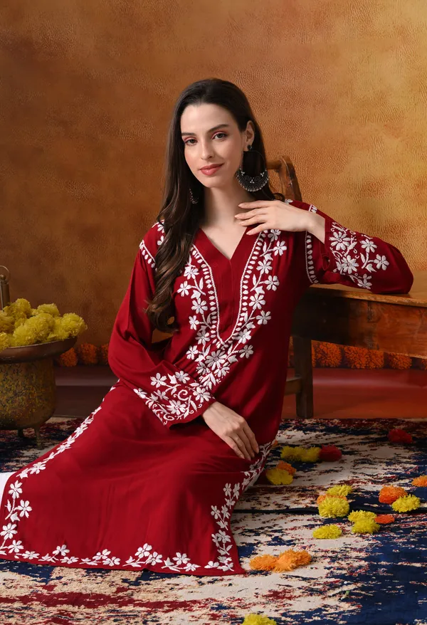 Hand-Embroidered_Chikankari_V_Neck_Rayon_Straight_Kurta_�_Maroon