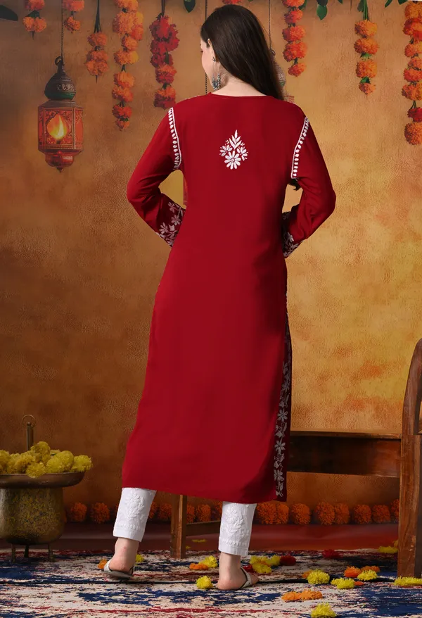 Hand-Embroidered_Chikankari_V_Neck_Rayon_Straight_Kurta_�_Maroon