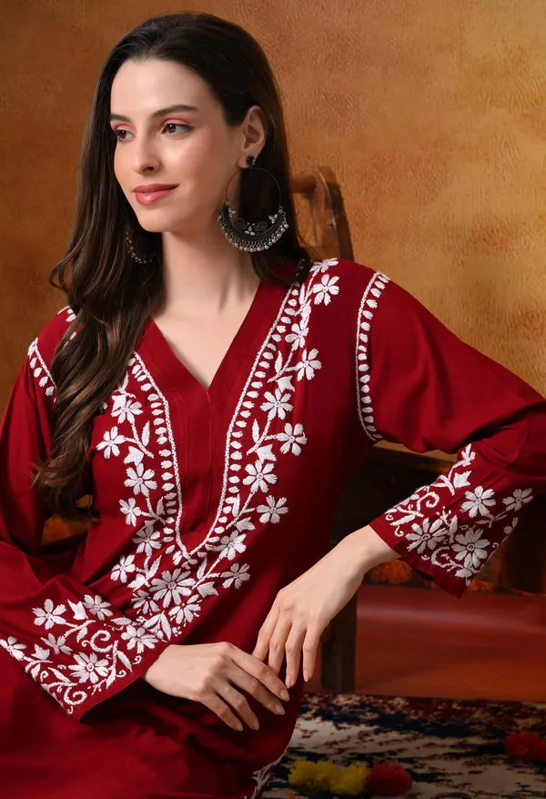 Hand-Embroidered_Chikankari_V_Neck_Rayon_Straight_Kurta_�_Maroon