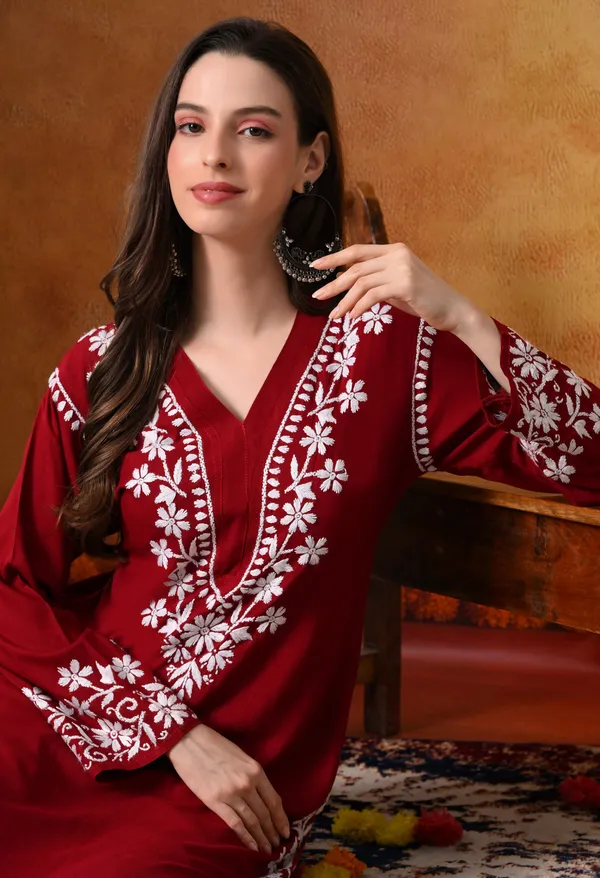 Hand-Embroidered_Chikankari_V_Neck_Rayon_Straight_Kurta_�_Maroon
