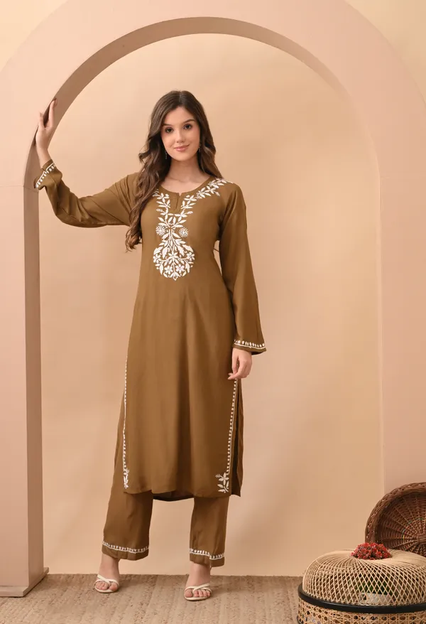Hand-embroidered_Lucknowi_Chikankari_Kurta_Plazo_Set_�Brown