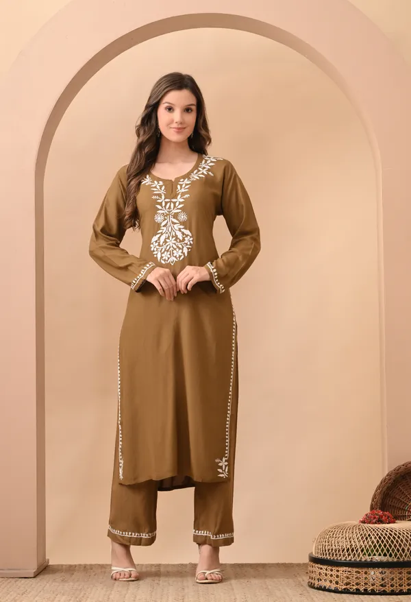 Hand-embroidered_Lucknowi_Chikankari_Kurta_Plazo_Set_�Brown