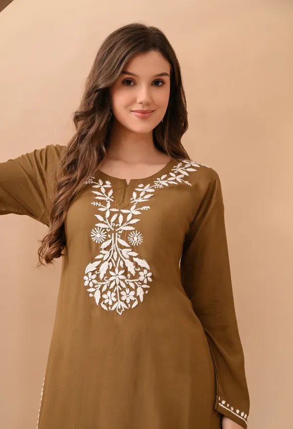 Hand-embroidered_Lucknowi_Chikankari_Kurta_Plazo_Set_�Brown