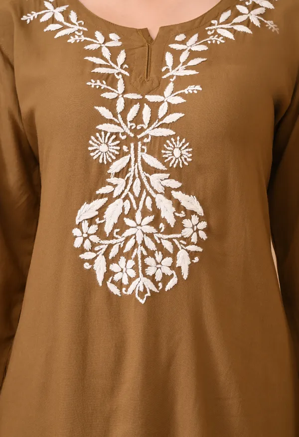 Hand-embroidered_Lucknowi_Chikankari_Kurta_Plazo_Set_�Brown