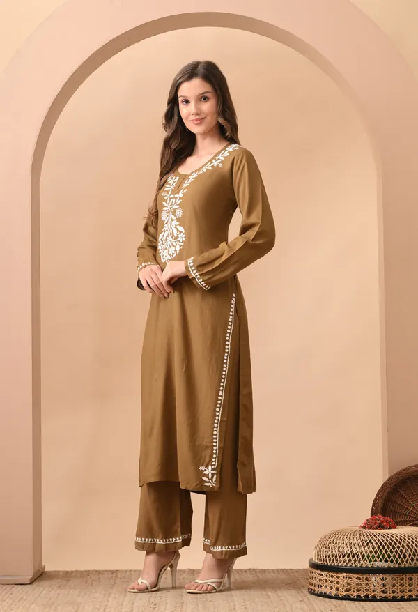 Hand-embroidered_Lucknowi_Chikankari_Kurta_Plazo_Set_�Brown