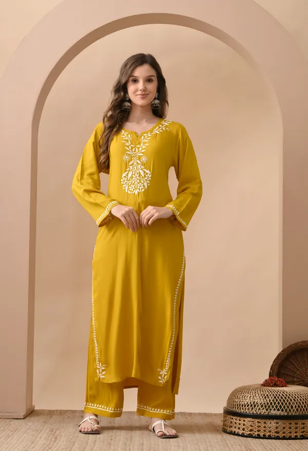 Hand-embroidered_Lucknowi_Chikankari_Kurta_Plazo_Set_Yellow