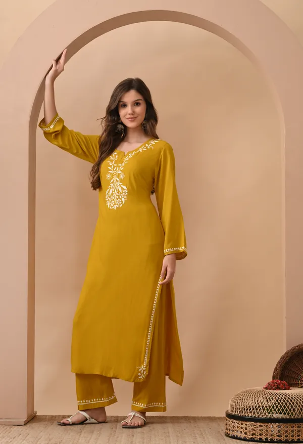 Hand-embroidered_Lucknowi_Chikankari_Kurta_Plazo_Set_Yellow