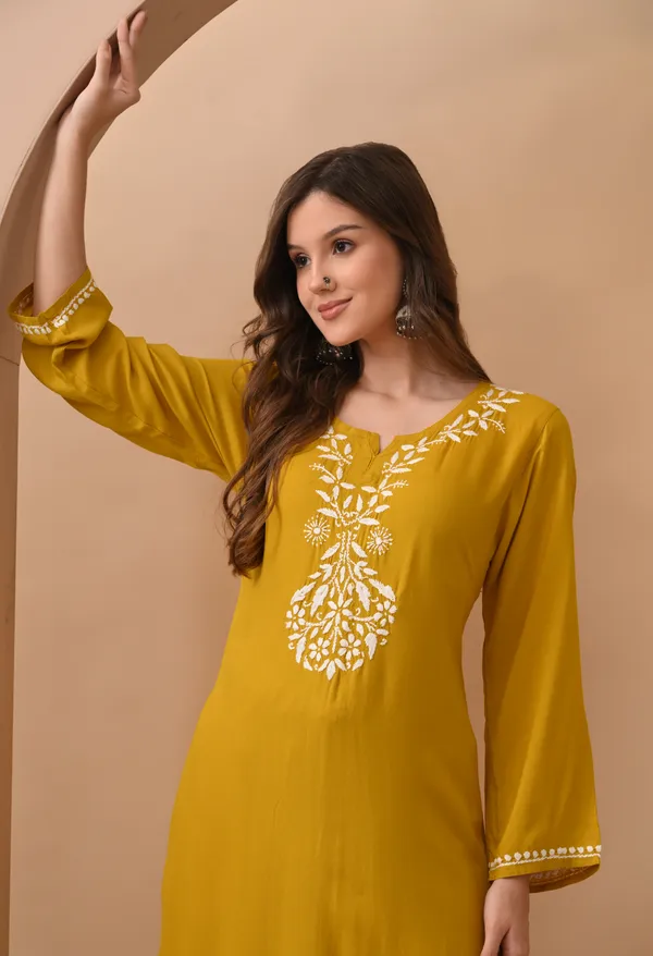 Hand-embroidered_Lucknowi_Chikankari_Kurta_Plazo_Set_Yellow