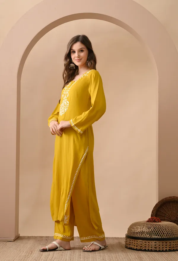 Hand-embroidered_Lucknowi_Chikankari_Kurta_Plazo_Set_Yellow