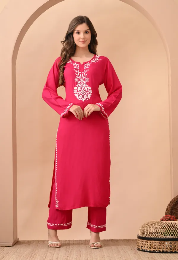 Hand-embroidered_Lucknowi_Chikankari_Kurta_Plazo_Set_Pink