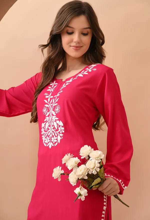 Hand-embroidered_Lucknowi_Chikankari_Kurta_Plazo_Set_Pink