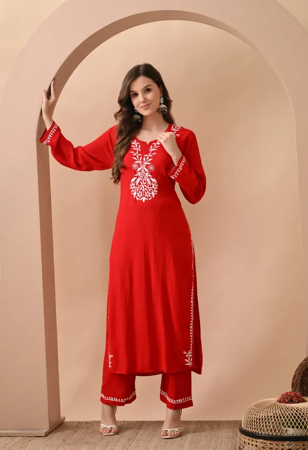 Hand-embroidered_Lucknowi_Chikankari_Kurta_Plazo_Set_�Red