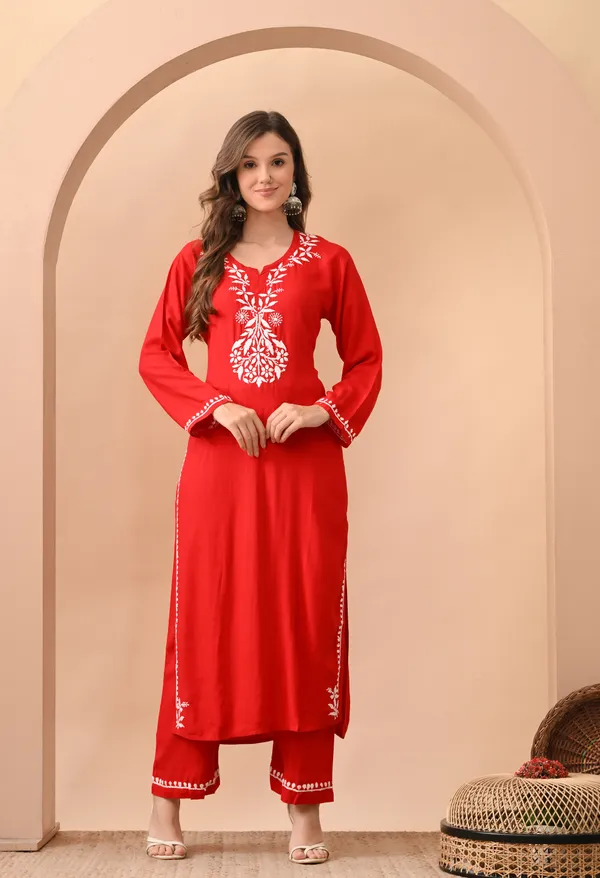 Hand-embroidered_Lucknowi_Chikankari_Kurta_Plazo_Set_�Red