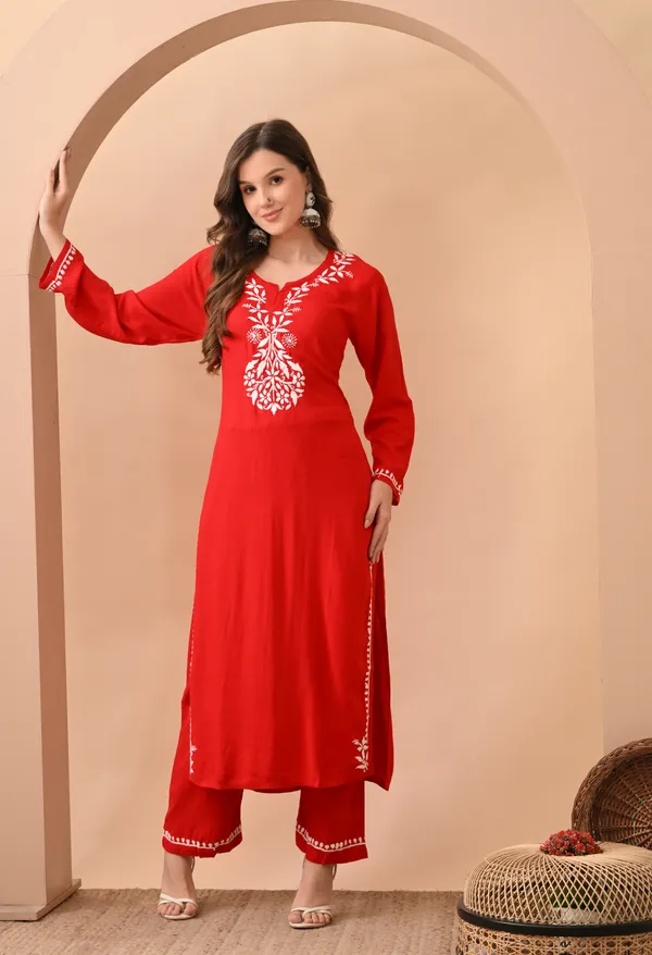 Hand-embroidered_Lucknowi_Chikankari_Kurta_Plazo_Set_�Red
