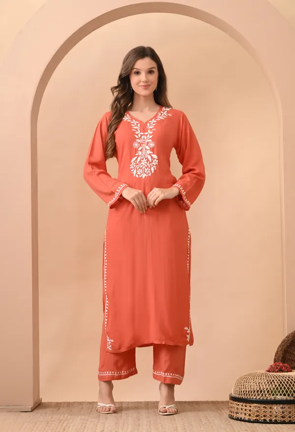 Hand-embroidered_Lucknowi_Chikankari_Kurta_Plazo_Set_�Rust