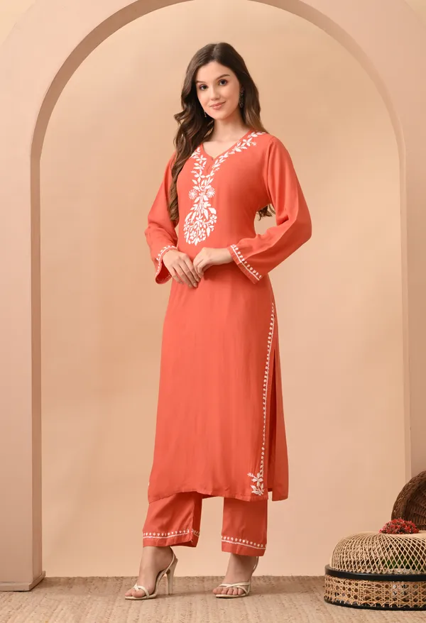 Hand-embroidered_Lucknowi_Chikankari_Kurta_Plazo_Set_�Rust