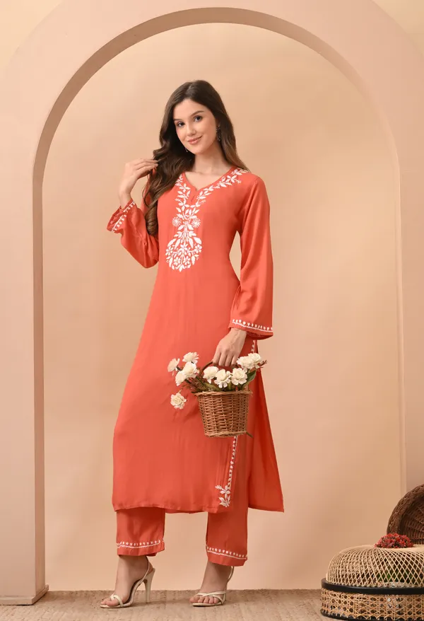 Hand-embroidered_Lucknowi_Chikankari_Kurta_Plazo_Set_�Rust