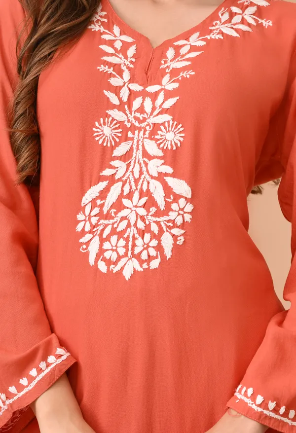 Hand-embroidered_Lucknowi_Chikankari_Kurta_Plazo_Set_�Rust
