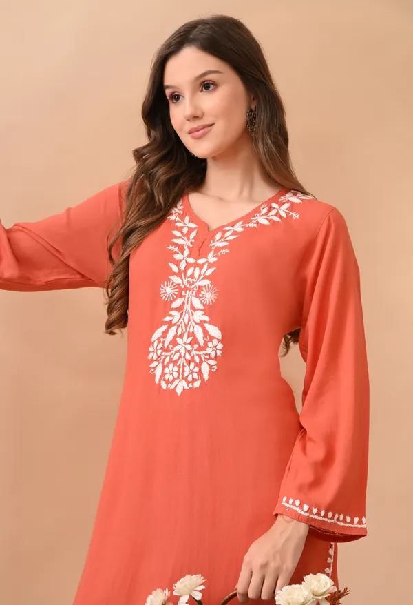 Hand-embroidered_Lucknowi_Chikankari_Kurta_Plazo_Set_�Rust