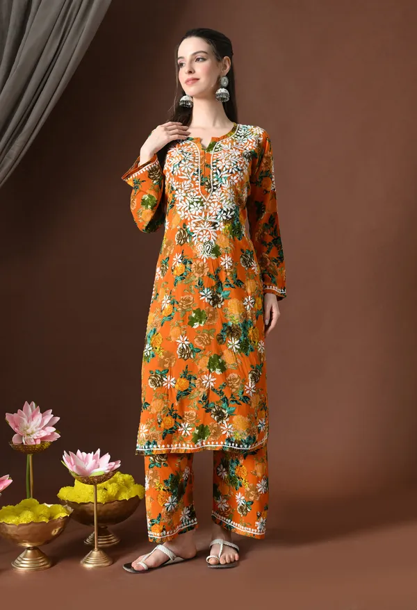 Saffron_Blossom_Printed_Rayon_Chikankari_Kurta_with_Pants