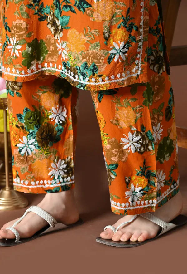 Saffron_Blossom_Printed_Rayon_Chikankari_Kurta_with_Pants